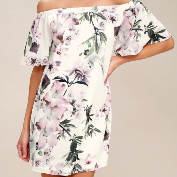 Lulus Ivory Floral Print Off-the-Shoulder Shift Dress / Medium. EUC - Picture 1 of 5